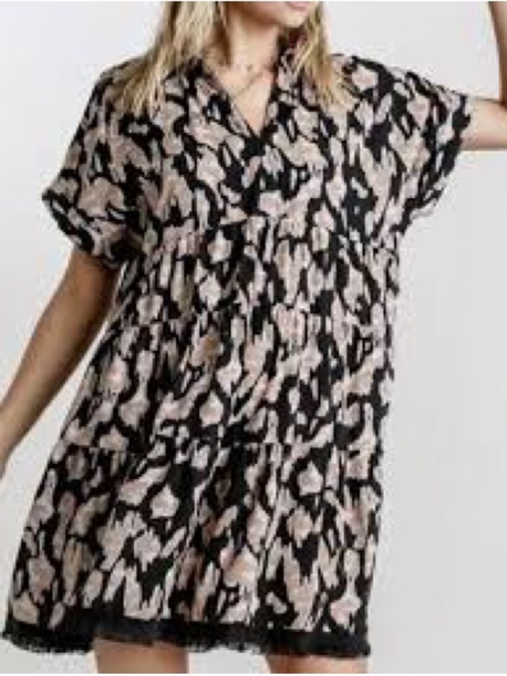 Umgee Black & Tan Print Boho Western BabyDoll Shift Dress w fringe trim Sz Large